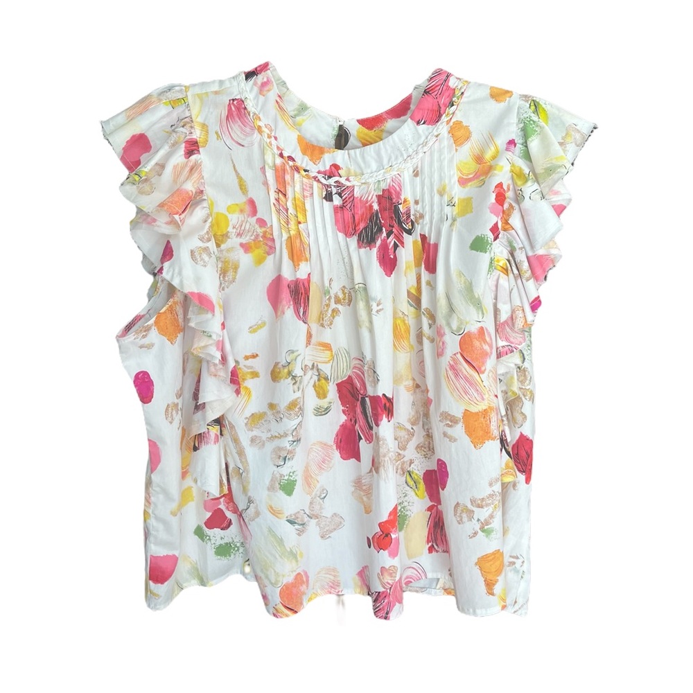 EUC Fairhope Flutter Sleeve Pleated Front Floral Shirt Size XXL.